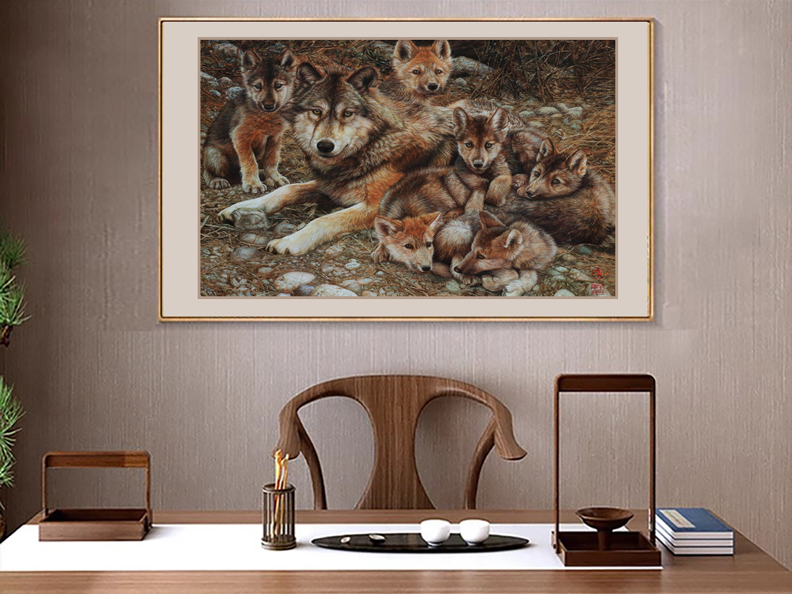 一然绣博物馆藏品野狼一家:苏绣乱针绣的野性之美